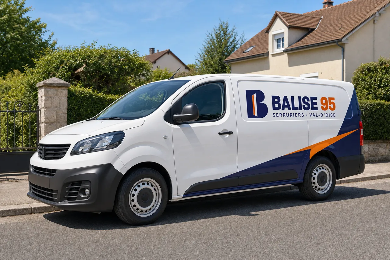 Utilitaire Balise 95 garé devant un pavillon du Val-d'Oise